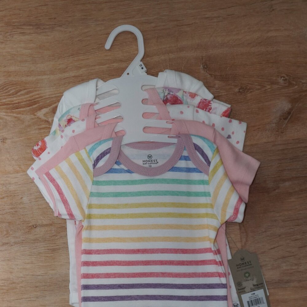 NWT 5 pack HonestBaby bodysuits, short sleeve, 12 months, rainbow, organic